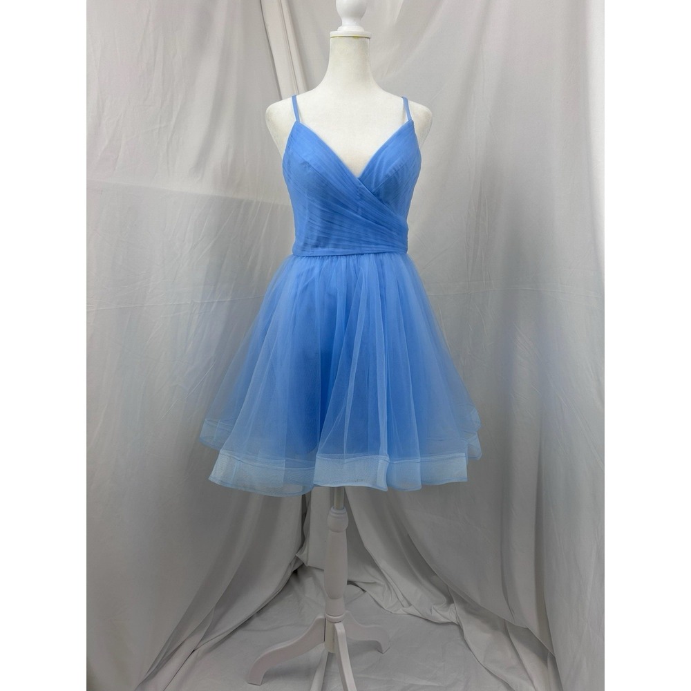 La Femme Light Blue Tulle Fit Flare Strappy Back Short Prom Dress Sz 2
